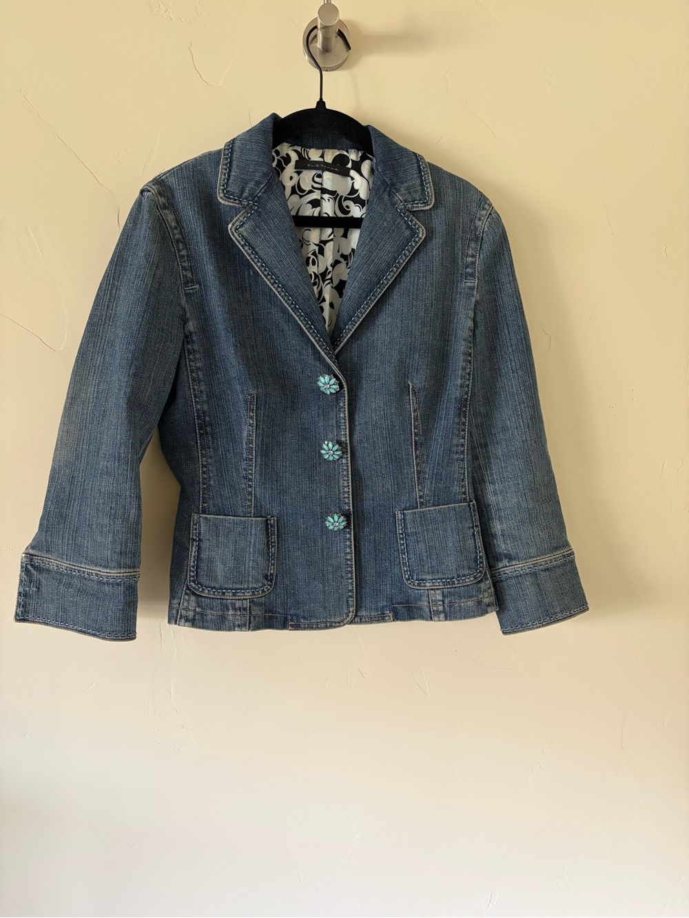 Elie Tahari Blue Denim Blazer Jacket with Turquoise Buttons